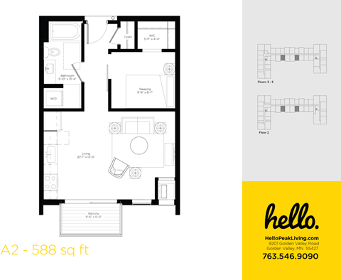 A2 Floor Plan at Hello Apartments, Minneapolis, Minnesota